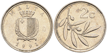 Мальта 2 цента 1991 оливковая ветвь KM 94 медно-никель 4585-1263