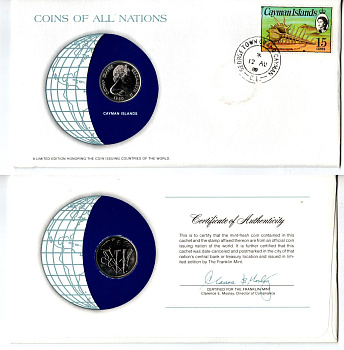 Каймановы острова 25 центов 1980 конверт с маркой первого дня гашения, Coins of Nations KM 4 медно никель PROOF 9-1-01-50