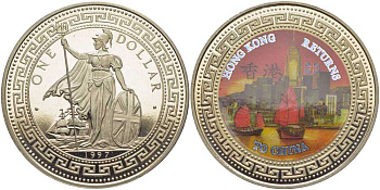 Великобритания 1 торговый доллар 1997 Гонконг возвращается в цветной Китай UNC 1081-5-21