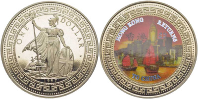 Великобритания 1 торговый доллар 1997 Гонконг возвращается в цветной Китай UNC 1081-5-21
