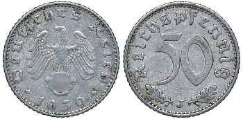 Германия 50 рейхспфеннигов 1939 J, цена по каталогу МТ 55 евро J. 372, KM 96 алюминий 72-1255