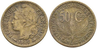 Камерун 50 сантимов 1926 (a), мондвор Париж KM 1 алюминиевая бронза 4164-1248
