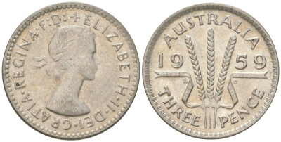 Австралия 3 пенса 1959 Елизавета II (1952-2022) KM 57 серебро 4621-1248