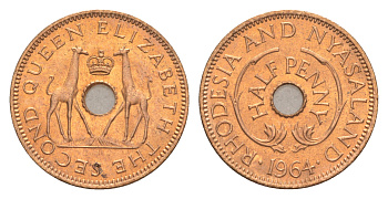 Родезия и Ньясаленд 1/2 пенса 1964 Елизавета II (1952-2022), жирафы KM  1 бронза  UNC  4640-868