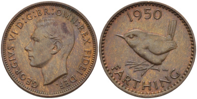 Великобритания 1 фартинг 1950 Георг VI (1936-1952) KM 867, Spink 4119 бронза UNC 100-244