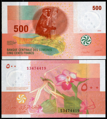 Коморские острова 500 франков 2006 лемур, орхидея Pick 15 c  бумага  UNC (пресс) 7201-37-2