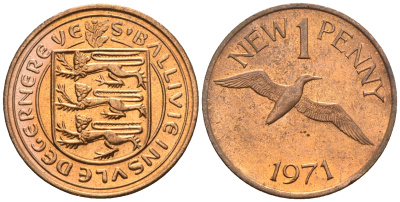Гернси 1 пенc 1971 Елизавета II (1952-2022), северная олуша в полете KM 21 бронза  UNC  220-1218