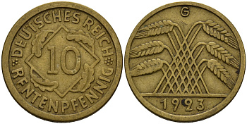 Германия 10 рентенпфеннигов 1923 G KM 33, J. 309 алюминиевая бронза 3336-644