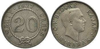 Саравак 20 центов 1927 Н, Третий Раджа Чарльз Вайнер Брук, Королевство Саравак (1846 - 1946) KM 17а серебро 4044-911