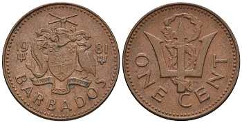 Барбадос 1 цент 1981 сломанный трезубец Британии KM 10 бронза 220-923