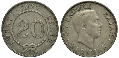 Саравак 20 центов 1927 Н, Третий Раджа Чарльз Вайнер Брук, Королевство Саравак (1846 - 1946) KM 17а серебро 4044-911