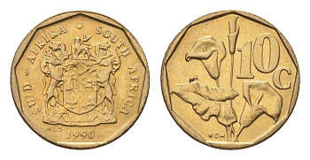ЮАР 10 центов 1990 герб, цветок алоэ KM 135 сталь плакированная бронзой UNC 4694-634