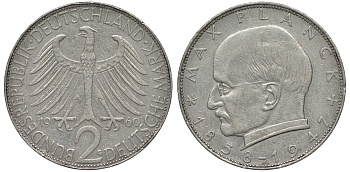 ФРГ 2 марки 1960 G, Макс Планк KM 116, J. 392 медно-никель плакированный никелем 4681-643