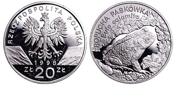 Польша 20 злотых 1998 серия сохраним наш мир, лягушка, тираж 20000 экз. KM 343, Par. 774 серебро PROOF 06-133-41