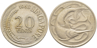СИНГАПУР 20 ЦЕНТОВ 1968 ГОЛУБОЙ МАРЛИН, ТУНЕЦ KM 4 медно-никель 3856-912