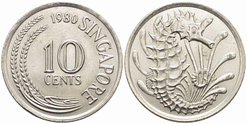 СИНГАПУР 10 ЦЕНТОВ 1980 МОРСКОЙ КОНЕК KM 3 медно-никель UNC 73-243