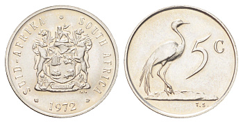 ЮАР 5 центов 1972 герб, райский журавль KM 84 никель UNC 4696-955