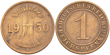 ГЕРМАНИЯ 1 РЕЙХСПФЕННИГ 1930 A KM 37 бронза 4396-1514