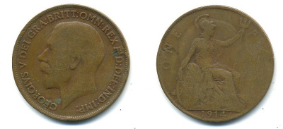 Великобритания 1 пенни 1914 Георг V (1910-1936) KM 810, Spink 4051бронза 4110-122