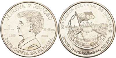 Панама 1 бальбоа 2004 президент Мирейя Москосо, открытие панамского канала KM 134 медь плакированная медно-никелем UNC 3897-1013
