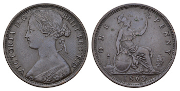 Великобритания 1 пенни 1863 Виктория (1837-1901) KM 749.2, Spink 3954 бронза 603-1525