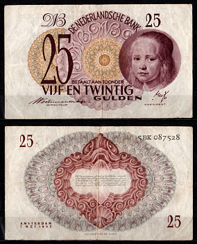 Нидерланды 25 гульденов 1945 Pick 77 бумага 451-472-3