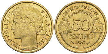 ФРАНЦИЯ 50 САНТИМОВ 1937 ТИП MORLON KM 894.1, LE FRANC 192.13 алюминиевая бронза 44-746