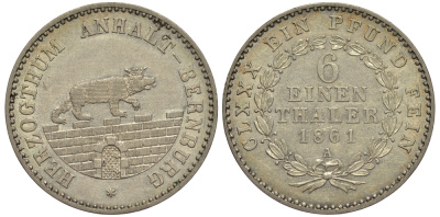 Ангальт-Бернбург 1/6 талера 1861 А, КМ 87, J. 71 серебро UNC 00-00