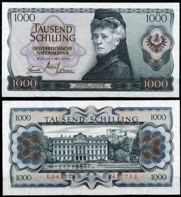 Австрия 1000 шиллингов 1966 Берта фон Зутнер Pick 147 a  бумага  UNC (пресс) 00-00