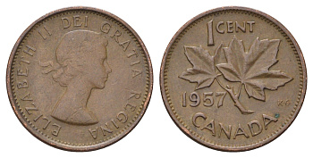 Канада 1 цент 1957 Елизавета II (1952-2022), кленовый лист KM 49 бронза 4689-322