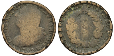 ФРАНЦИЯ 2 СОЛЯ 1792 R, ЛЮДОВИК XVI KM 603.14 бронза 1525-123