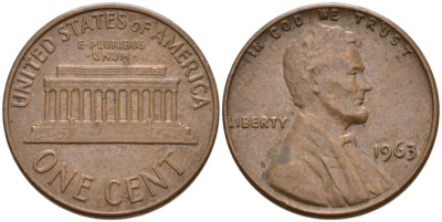 США 1 цент 1963 Линкольн KM 201 медь цинк 4564-417