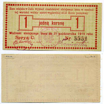 Ясло (Польша) 1 крона 1919 Galicja, Jasło Podczaski G-116.2.b бумага    436-19-1-2