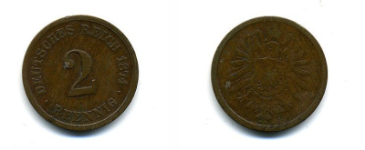 ГЕРМАНИЯ 2 ПФЕННИГА 1874 G, СТАРОГЕРБОВКА KM 2, J.2 медь 35-544