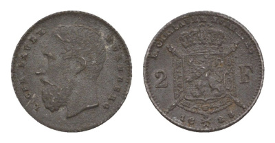 Бельгия игровой жетон в 2 франка 1888 диаметр 12,75 мм, вес 0,57 гр цинк железо 4651-1213