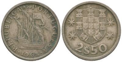 Португалия 2,5 эскудо 1968 KM 590 медно-никель 4621-429