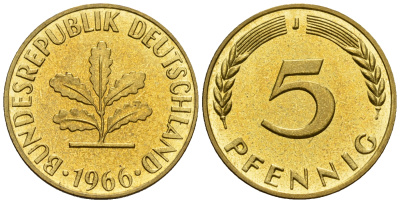 ФРГ 5 пфеннигов 1966 J KM 107, J. 382 сталь плакированная латунью PROOF 1094-7-14