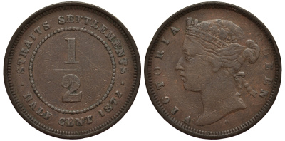 Стрейтс-Сетлментс 1/2 цента 1872 Виктория (1837-1901) KM 8 бронза 1524-1114