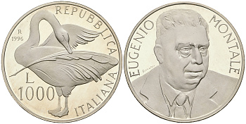 Италия 1000 лир 1996 R, 100 лет со дня рождения Эудженио Монтале KM 199 серебро PROOF 1099-2-64