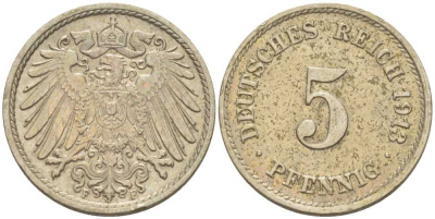 ГЕРМАНИЯ 5 ПФЕННИГОВ 1913 F KM 11, J. 12, Weege 6 медно-никель 206-1015