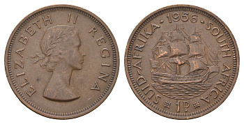 ЮАР 1 пенни 1956 Елизавета II (1952-2022), парусник KM 46 бронза 4517-1232