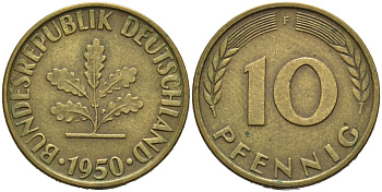 ФРГ 10 пфеннигов 1950 F KM 108, J.383 сталь плакированная латунью 4681-1124