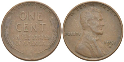 США 1 ЦЕНТ 1951 D, ЛИНКОЛЬН KM А132 медь цинк 218-957