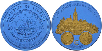 Либерия 5 долларов 2005 10 лет евро, страны не присоединившиеся к еврозоне, Словения, монеты с сертификатом, би-колор (два цвета), вес 7,78 гр., диаметр 35 мм.  ниобий  UNC  1066-3-63