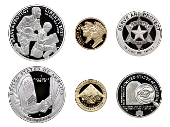 США набор из 3 монет 2021 50 центов + 1 доллар + 5 долларов, юридические службы США (полиция)  золото, серебро, никель  PROOF  4-3-3-19