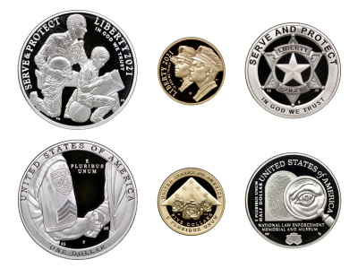 США набор из 3 монет 2021 50 центов + 1 доллар + 5 долларов, юридические службы США (полиция)  золото, серебро, никель  PROOF  4-3-3-19