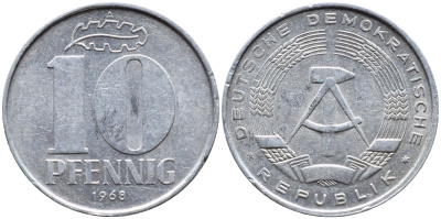 ГДР 10 пфеннигов 1968 А KM 10 алюминий 4391-1223