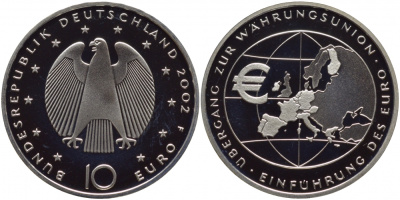 ФРГ 10 евро 2002 F, введение европейской валюты KM 215, DE.S. 10.1 серебро PROOF 01-107-42