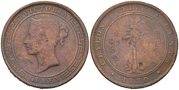 Цейлон 5 центов 1870 KM 93 медь 109-111