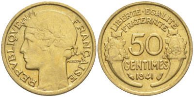 ФРАНЦИЯ 50 САНТИМОВ 1941 ТИП MORLON KM 894.1, LE FRANC 192.18 алюминиевая бронза 44-455